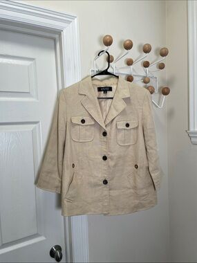 Kasper - Classic Button Down Linen Blazer Jacket - Cream - 12p